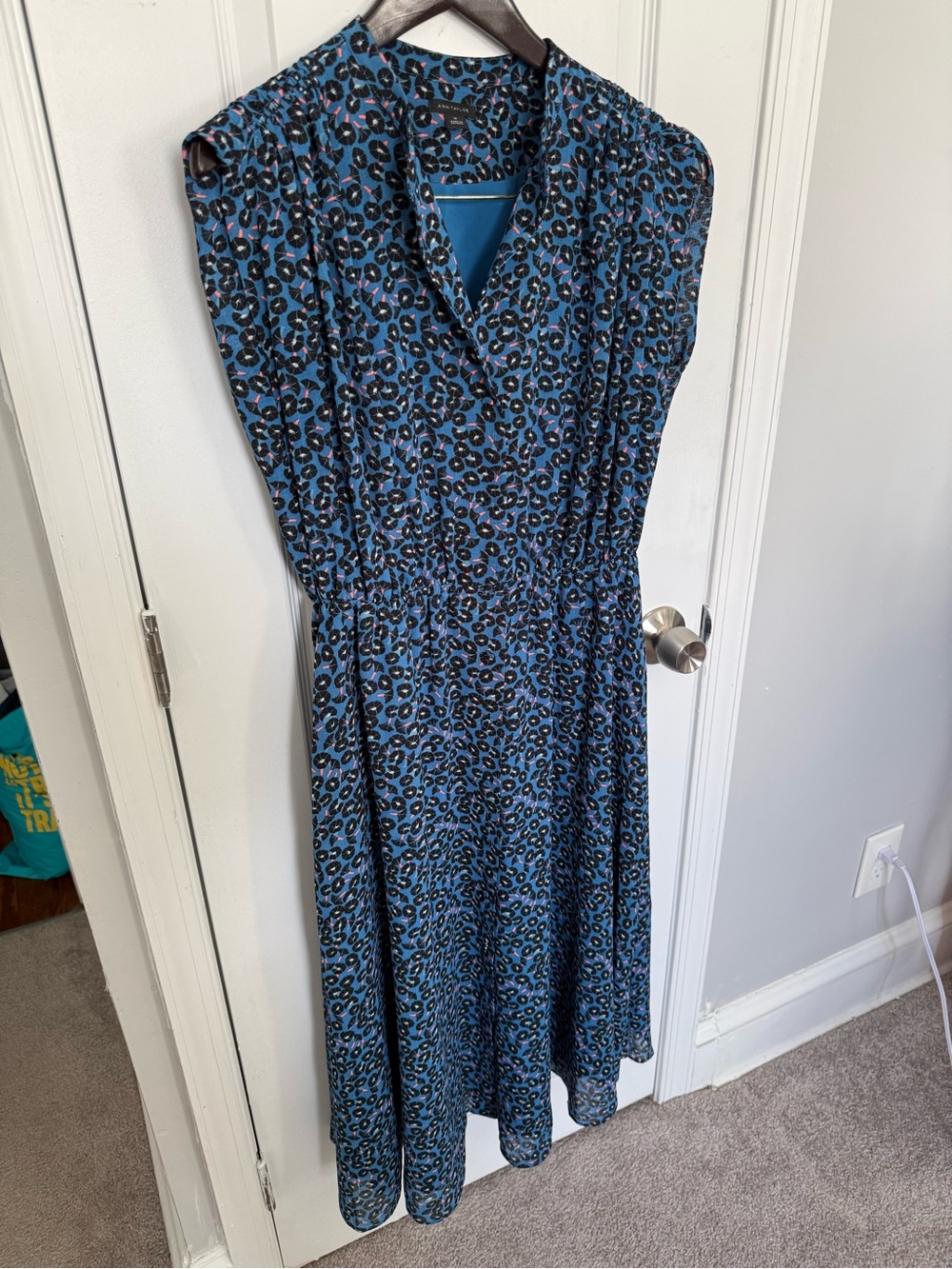 Ann Taylor Blue and Black Floral Print Midi Dress